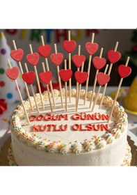 Resim Uzun Kürdan Bambu Süslü Kırmızı Kalp 12'li Pasta Ve Sunum Kürdanı 