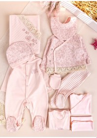 Resim Babymod Çiçekli Zarif Dantelli 10 Parça 100% Pamuk Kız Bebek Hastane Çıkışı Yeni Doğan Set Pembe 