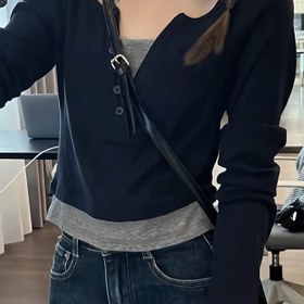 Resim Kadınların İki Tonlu Renk Bloğu Uzun Kollu Kırpma Üstü - Fringe Detaylı, Siyah ve Kahverengi, Slim Fit Bahar/Yaz İçin, Bahar Yaz Üstü | Fringe Detaylı Üst | Dokulu 