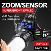 Resim 30W Süper Parlak LED Baş Lambası Hareket Sensörü Otomatik Açma/Kapama, Dijital Ekran, USB Şarj Edilebilir, Kampçılık, Balıkçılık, Acil Durumlar için Dahili 2x 18650 Pil ve Şarj Kablosu Dahil (2400mAh), Baş Lambası Şarj Edilebilir 
