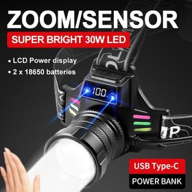 Resim 30W Süper Parlak LED Baş Lambası Hareket Sensörü Otomatik Açma/Kapama, Dijital Ekran, USB Şarj Edilebilir, Kampçılık, Balıkçılık, Acil Durumlar için Dahili 2x 18650 Pil ve Şarj Kablosu Dahil (2400mAh), Baş Lambası Şarj Edilebilir 