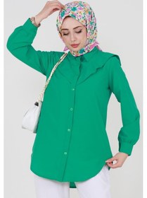 Resim Sevitli Yakası Kat Detaylı Poplin Tunik-yeşil-3523-yeşil Yeşil 