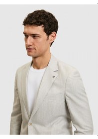 Resim Cacharel Açık Gri Slim Fit Yün Keten Karışımlı Mikro Desen Mono Yaka Takım Elbise 
