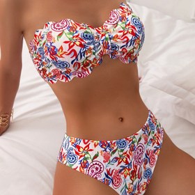 Resim Çıkarılabilir omuz askılı, çiçek desenli ve petal süslemeli iki parçalı bikini seti - Rahat tatil mayo 
