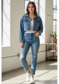 Resim Kadın Taşlı Oversize Mavi Kot Ceket 