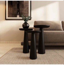 Resim Siyah Renk Doğal Ahşap 3 Lü Mantar Sehpa Seti Zigon Fiskos Siyah 