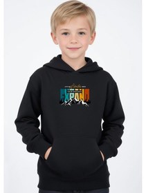 Resim Panios Kids Kapüşonlu Kanguru Cepli Expand Baskı Detaylı Erkek Çocuk Sweatshirt Siyah 