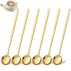 Resim 6 Adet Altın Renkli Uzun Kahve Karıştırma Kaşığı, Paslanmaz Çelik Yuvarlak Tatlı Kaşık Saplı, Ev ve Restoran Kullanımına Uygun, Bulaşık Makinesinde Yıkanabilir 