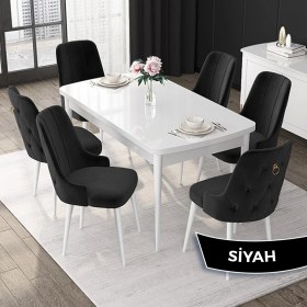 Resim Canisa Concept Nex Serisi, Beyaz 80 x 132 cm Mdf Mutfak Masası Takımı Metal Iskelet, 6 Sandalye Gold Halka 
