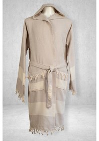 Resim Kapşonlu Peştemal Bornoz Krem Renk Krem 