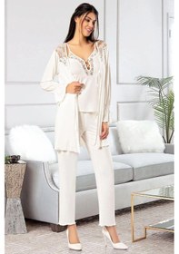 Resim Faal 8903 Kadın Sabahlıklı Pijama Takımı-ekru Ekru 