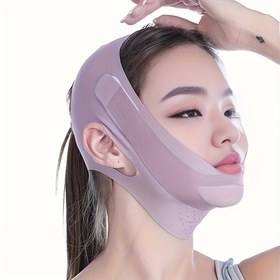 Resim Çift Çene Yüz Kontür Kaldırma Aracı - Ayarlanabilir Kayışlı ve Ergonomik Tasarımlı Elastik Nefes Alabilen Mor Yüz Bandı ile Çene Hat Tanımı, Boyun Kırışık Azaltma, Cilt Bakım Olmayan Yüz Germe Cihazı 