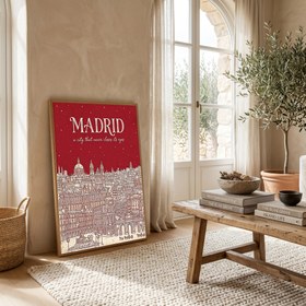 Resim Madrid Line Art Print - Cherry Red Royal Palace Plaza Mayor Skyline Wall Art - With Hanger - White / 12 x 16" (30x40 cm) 