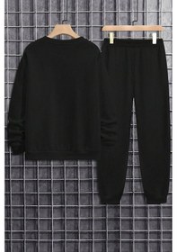 Resim Uyguntarz Unisex Draw Bear Baskılı Bisiklet Yaka Sweatshirt - 2'li Eşofman Takımı Siyah 