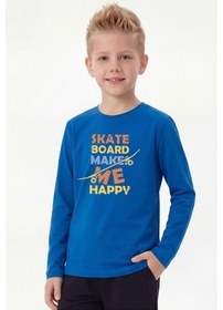 Resim Panios Kids Yuvarlak Yaka Uzun Kollu Baskı Detaylı Erkek Çocuk Sweatshirt Mavi 