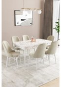 Resim Sar Pakete Almira Serisi, Beyaz Mermer Desen 80x132 Açılabilir Mdf Mutfak Masası Takımı 6 Adet Sandalye Krem 