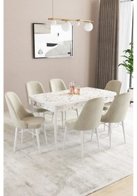 Resim Sar Pakete Almira Serisi, Beyaz Mermer Desen 80x132 Açılabilir Mdf Mutfak Masası Takımı 6 Adet Sandalye Krem 
