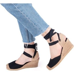 Resim Gerçek Elişi Arkası Açık Geniş Ipli Burnu Hasırlı Dolgu Topuk Keten Kadın Espadril Handmade Siyah 