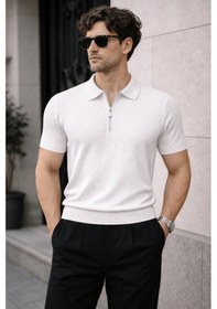Resim Erkek Fermuarlı Polo Yaka Triko Tişört Slim Fit Dokulu Yazlık Şık Casual Beyaz 