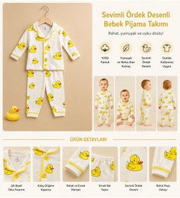 Resim minilovebaby %100 Pamuk Unisex Sarı Ördek Desenli Düğmeli Alt Üst Bebek Pijama Takımı (6-9/9-12/12-18/18-24Ay) 