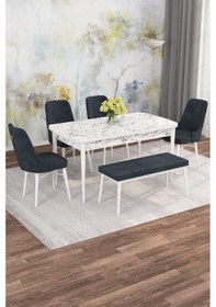 Resim Jusie Beyaz Mermer 80x132 Açılabilir Sunta Masa Yemek Odası Takımı,mutfak Takımı 4 Sandalye,1 Bench Antrasit 