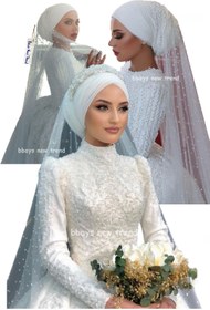 Resim bbays new trend 80CM Tesettür Duvak Tokalı İncili Gelin Duvak Tesettüre Uygun Tokalı Duvak İncili Gelinlik Duvak 