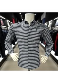 Resim Klasik Cotton Uzun Kollu Terletmeyen Kışlık 2 Renkli Çizgili Gömlek Slim Fit Antrasit 