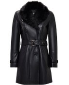 Resim Valeria Women's Black Collar Fur Belt Detailed Leather Coat Derimod