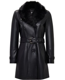 Resim Valeria Women's Black Collar Fur Belt Detailed Leather Coat 
