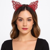 Resim Dantelli Kırmızı Kedi Tacı - Vintage Tarz Dantel Kedi Kulak 