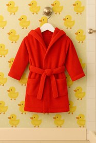 Resim CottonVerse Bebek & Çocuk Kapşonlu Bornoz - %100 Pamuk, Unisex Kırmızı - Kırmızı / 5-6 Yaş 