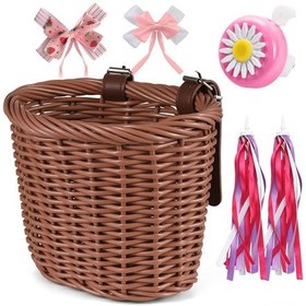 Resim Tenfowee Küçük Boy Kahverengi Çocuk Bisikleti Aksesuar Seti: Plastik İmitasyon Rattan Sepet, Zil, Akrilik İp, Sticker Ve Düğüm - 12-18 İnç Bisikletler İçin Kahverengi 