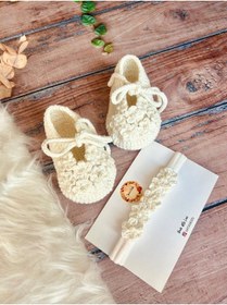Resim seraskids El Yapımı Örgü Beyaz Yumuşak Kız Bebek Patik Ve Bandana Takım 