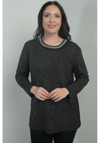 Resim By Saygı Kadın Taş Detaylı Yuvarlak Yaka Simli Likralı Büyük Beden Bluz-40874 Siyah 