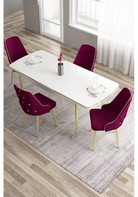 Resim Canisa Tia Serisi 80x132 Açılabilir Mdf Gold Detay Beyaz Masa Takımı Ve 4 Mürdüm Sandalye Masa Beyaz Sandalye Mürdüm 