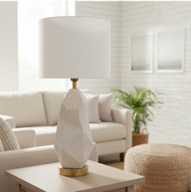Resim Elyon Taş Dokulu Krem Gövde Beyaz Başlık Dekoratif Abajur Krem 