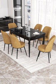 Resim Canisa Via Serisi 80x132 Açılabilir Mutfak Masası Takımı Siyah Mermer Desen 6 Cappucino Sandalye 