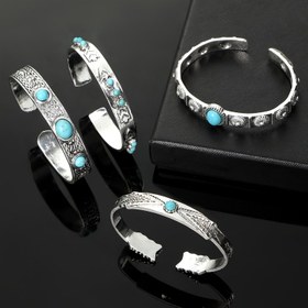 Resim Kadınlar için dört bohem etnik tarzı oyma desenli yapay turkuaz açık bilezik 