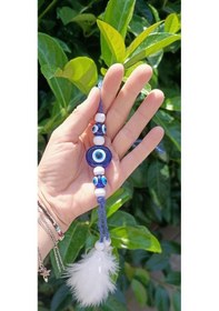 Resim Mavi Kuş Tüylü Nazar Boncuklu Araba Dikiz Ayna Süsü 