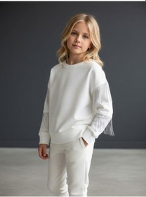 Resim Kız Çocuk Yüzde Yüz Pamuklu İki İplik Zincir Detaylı Sweatshirt-16698 Ekru 