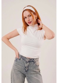 Resim Boğazlı Parlak Kumaş Beyaz Crop Beyaz 