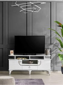 Resim 130 CM ART RAFLI MDF MEBRAN KAPAK TV SEHPASI BEYAZ GÜMÜŞ 