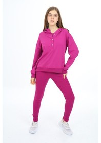 Resim Toontoy Kids Toontoy Kız Çocuk 2'li Takım Baskılı Kapüşonlu Düşük Omuz Çıtçıtlı Sweatshirt & Basic Düz Tayt Mürdüm 