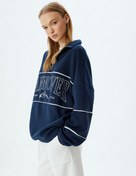 Resim Şardonlu Oversize Sweatshirt Yarım Fermuarlı Kolej Baskılı Dik Yaka 