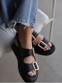 Resim Dolgu Topuklu Çift Bantlı Tokalı Kadın Sandalet Siyah 