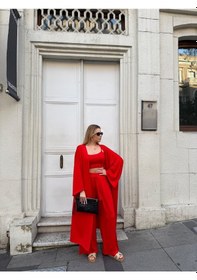 Resim Bonacosa Kadın Viskon 3 Lü Takım Kimono + Beli Lastikli Salaş Pantolon + Crop 8 Renk Kırmızı 