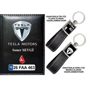 Resim Plakanıza Özel Tesla Logolu Siyah Ruhsat Kabı Ve Anahtarlık 