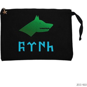 Resim Göktürkçe Türk Kurtlu Mavi Yeşil Siyah Clutch Astarlı Cüzdan / El Çantası - Siyah 