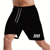 Resim Erkekler İçin Hızlı Kuruyan Plaj Şortu - 3D Polyester, İp Bel, Makinede Yıkanabilir, Siyah Beyaz Çizgili ve Dikey Desenli, Yazlık Geziler İçin Mükemmel 