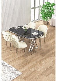 Resim Canisa Zae Serisi 90x168 Lak Panel Siyah Mermer Desen Krom Ayak Masa Takımı 4 Krem Sandalye Masa Siyah Mermer Desen Sandalye Krem 